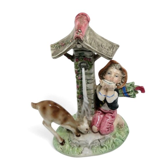 FONTANINI Italian Ceramic Child and Deer Fawn Well Figurine Italy Vintage 9" - Picture 2 of 10